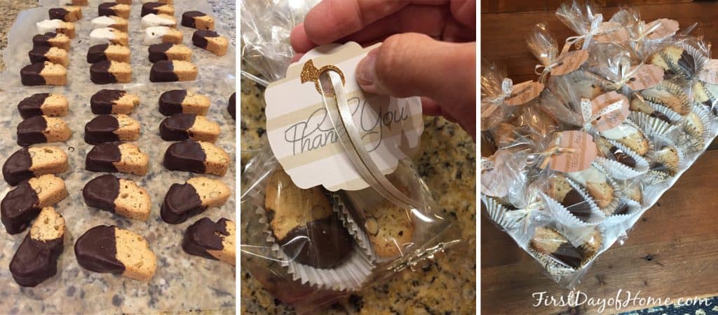 Elegant and affordable wedding shower favors using biscotti and DIY gift tags