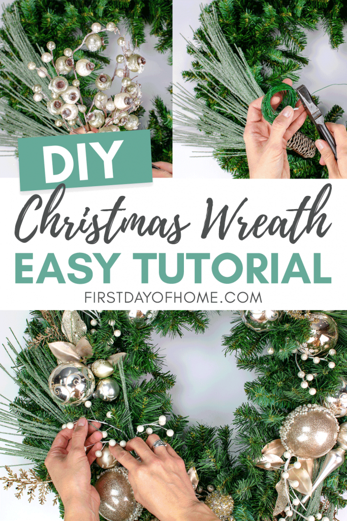 Elegant Christmas wreath made from scratch with metallic ornaments and frosted pine stems