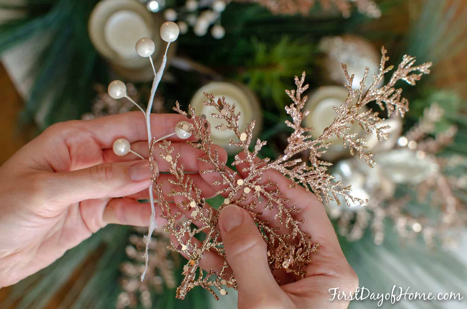 Ivory berry stem and gold leaf spray for DIY holiday centerpiece with mercury glass votives