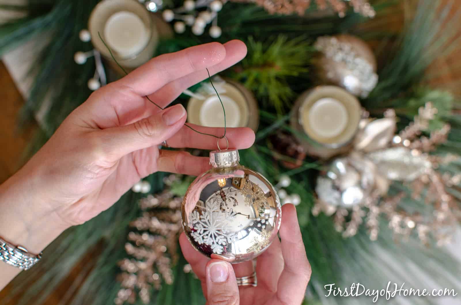 Silver snowflake ornament with floral wire for DIY holiday centerpiece