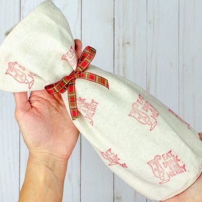 Easy wine bag created using a simple sewing pattern with drop cloth, fabric stamps and dollar ribbon