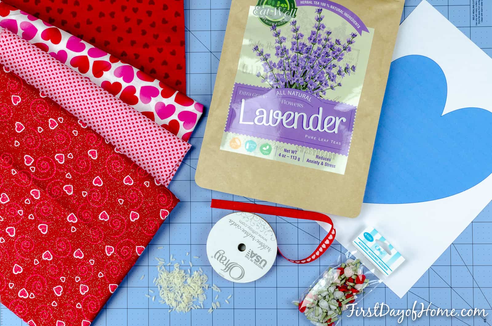 Ingredients to make a lavender heating pad for neck, shoulders, feet and any aches and pains