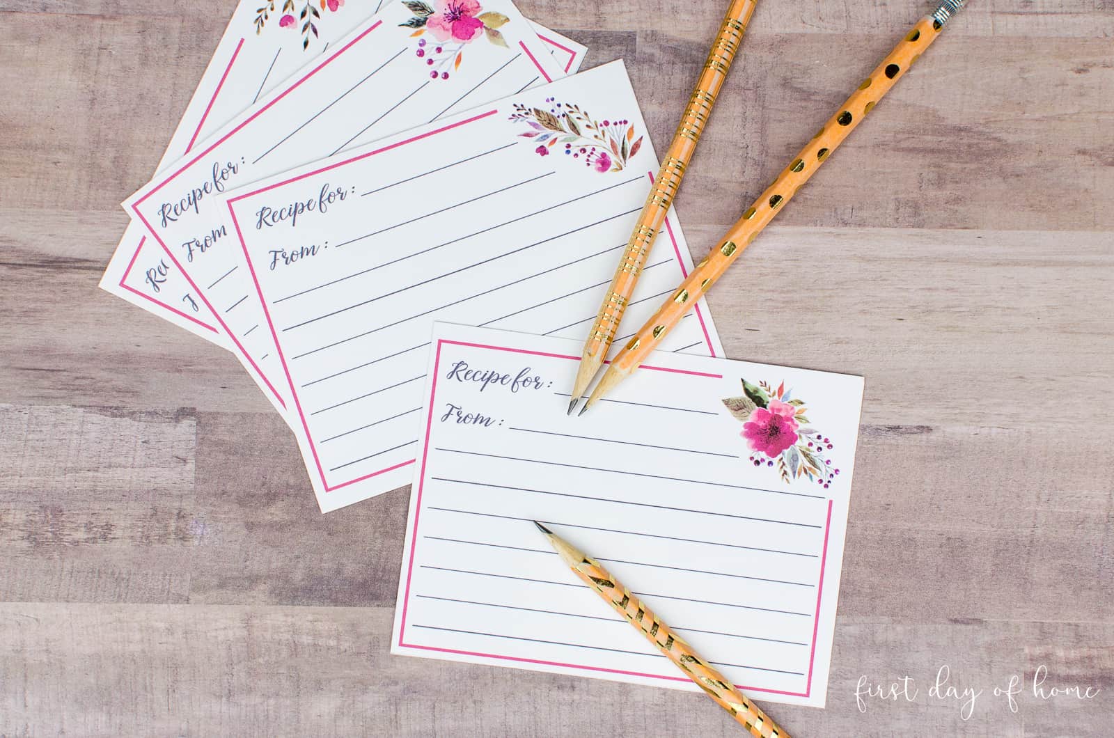 Recipe cards with floral design and gold washi tape pencils