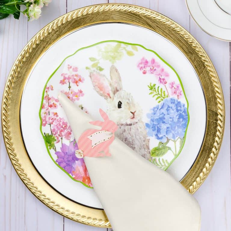 Bunny napkin ring and ivory napkin on bunny plate and gold charger for Easter tablescape