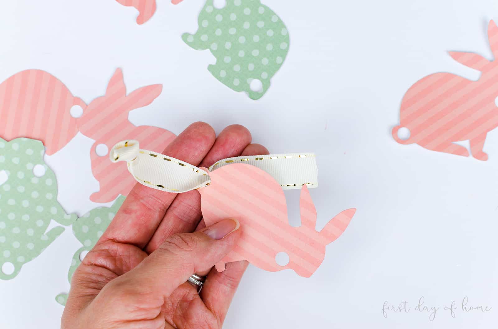 Attaching ribbon to DIY bunny napkin holder