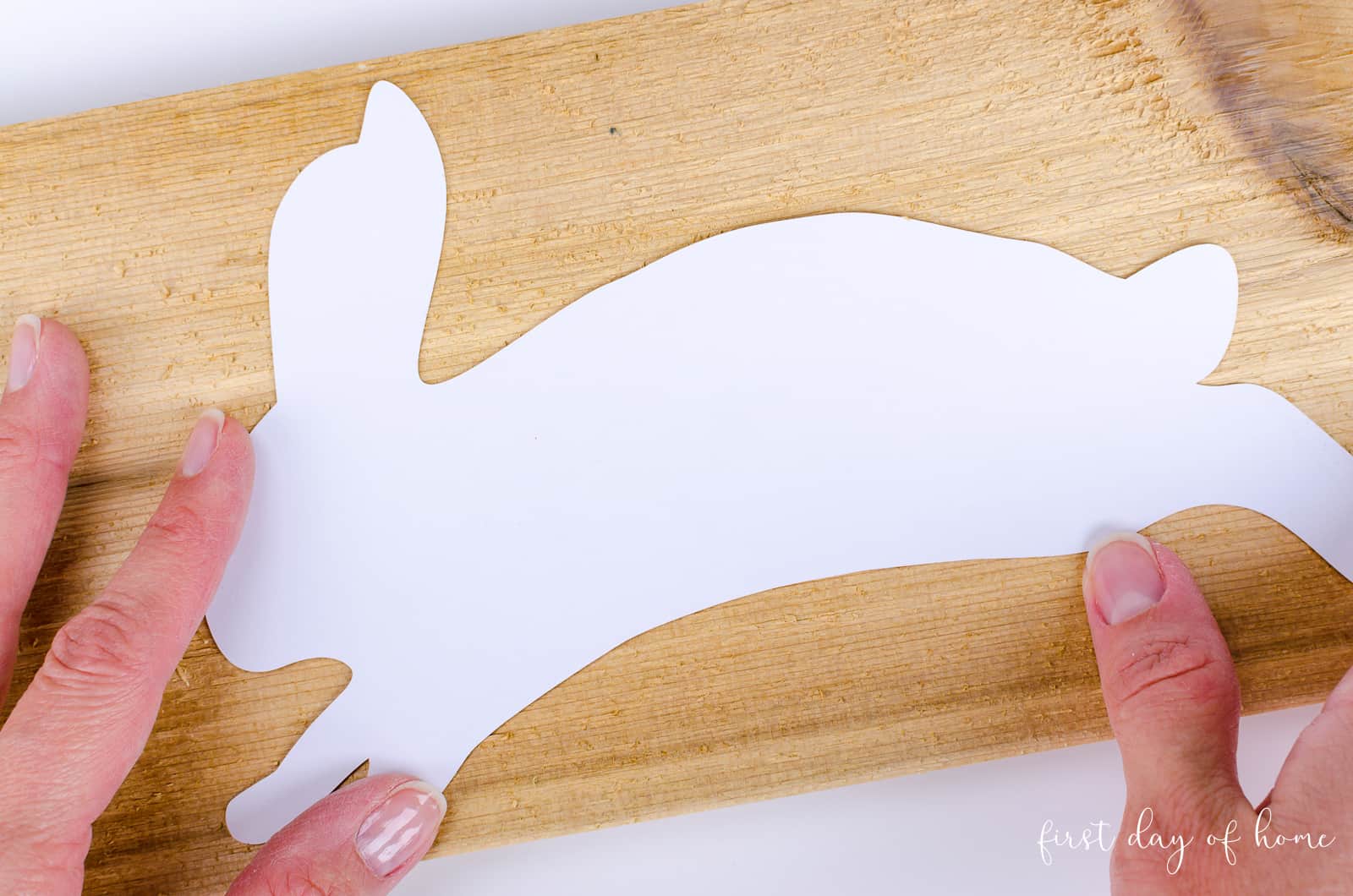 Tracing wood Easter bunny patterns onto scrap wood for DIY wooden bunny cut out.