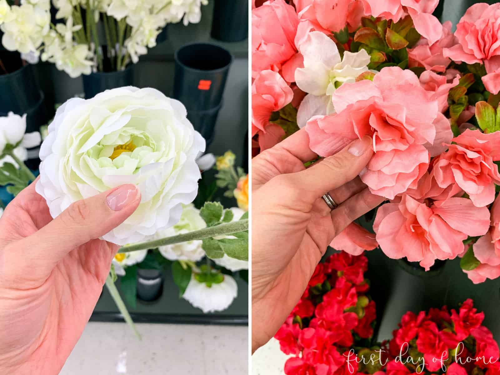 Examples of best artificial flowers to buy for outdoor spring wreath (ranunculus and other paper-like petals)