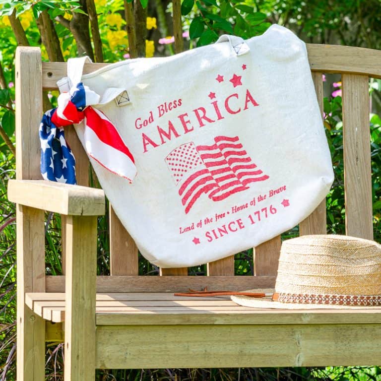 Hand painted tote bag with patriotic theme stenciled on top