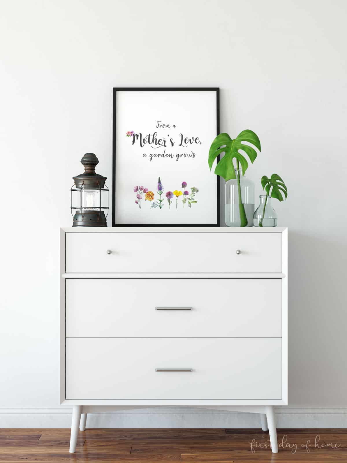Free printable Mother's Day art piece framed on white dresser