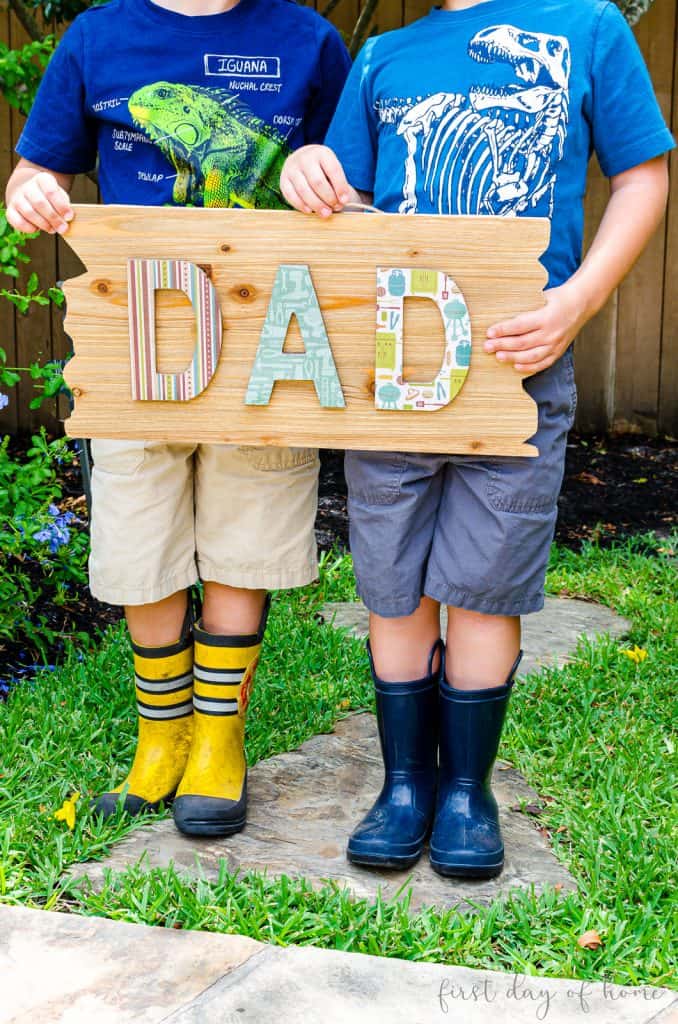 DIY decoupage wood sign that reads "Dad"