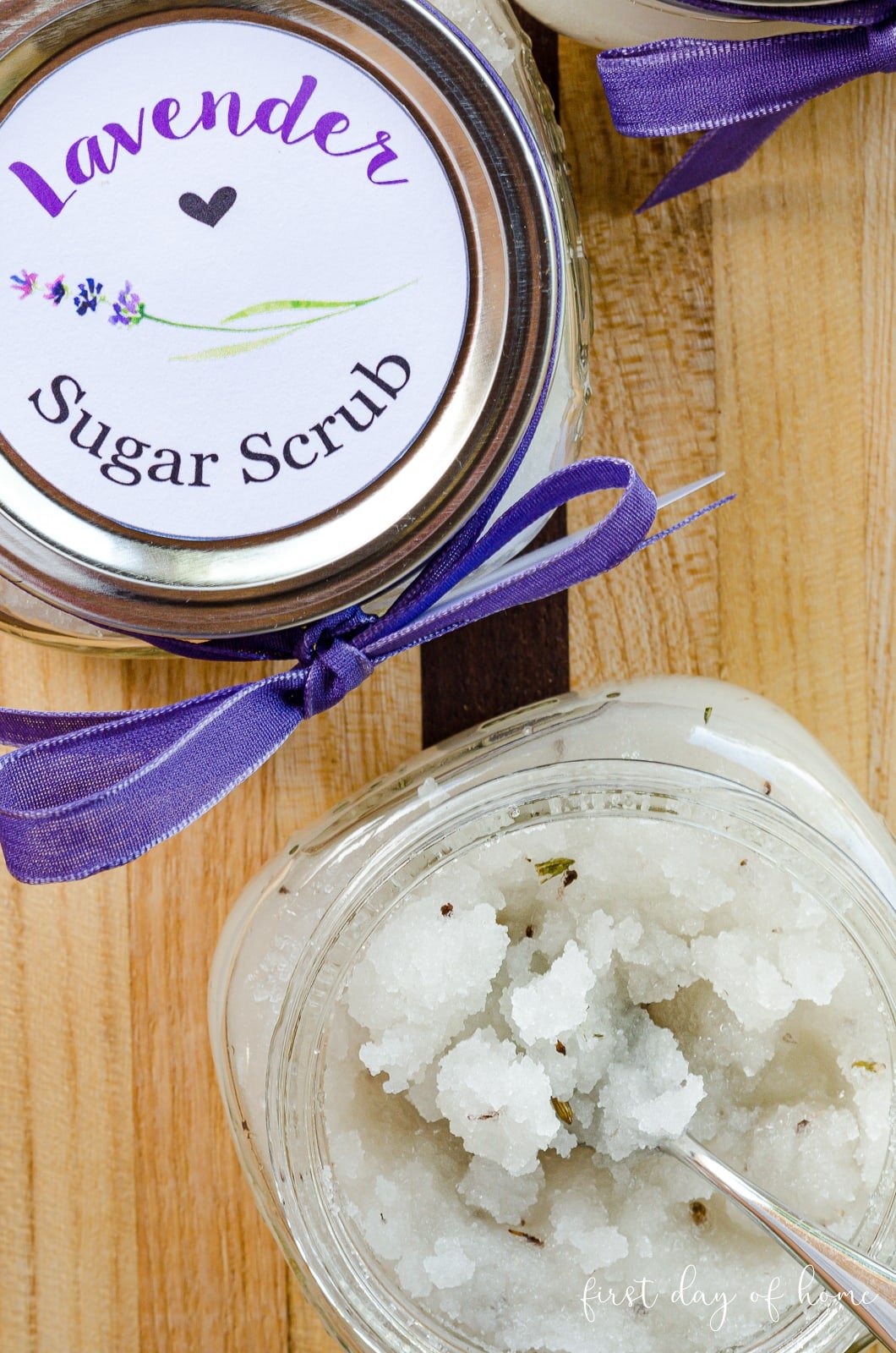 Lavender sugar scrub in mason jar with printed label on top