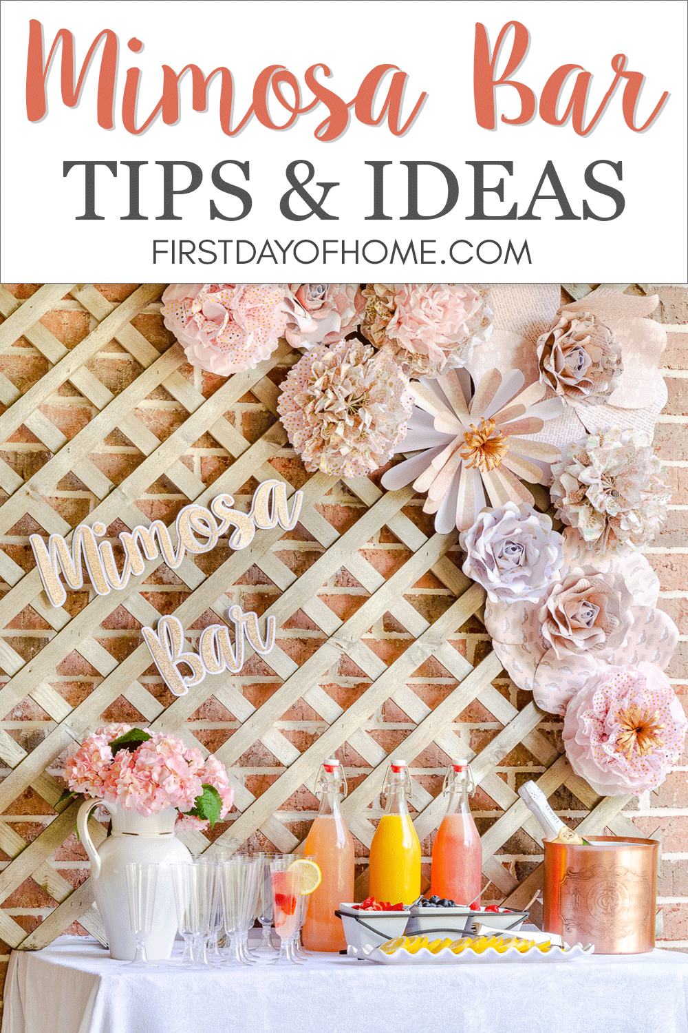 Mimosa bar ideas pin with paper flower decor, pom poms and fruit juices