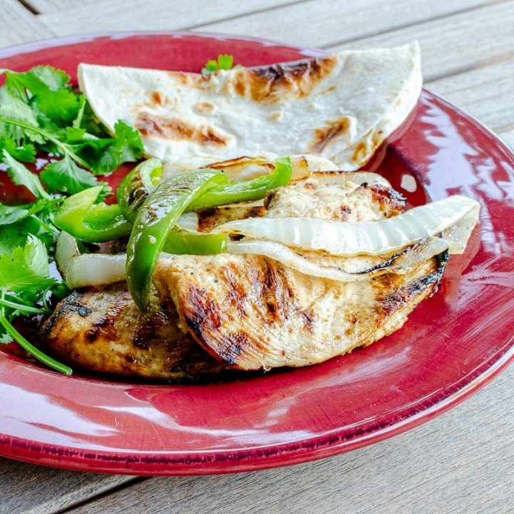 Grilled chicken fajitas on plate with tortilla and cilantro
