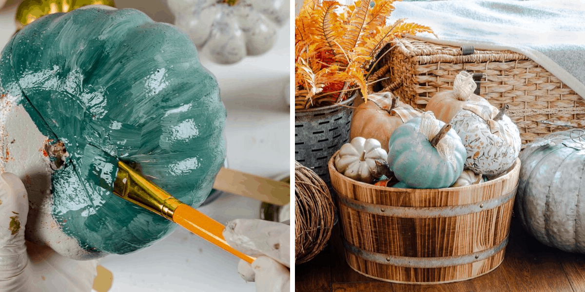 Foam pumpkins from the dollar store painted and decorated with decoupage