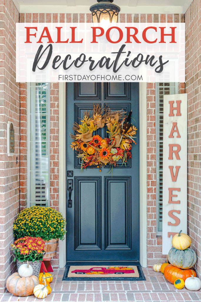 Fall front porch with wreath, pumpkins, mums and fall mat