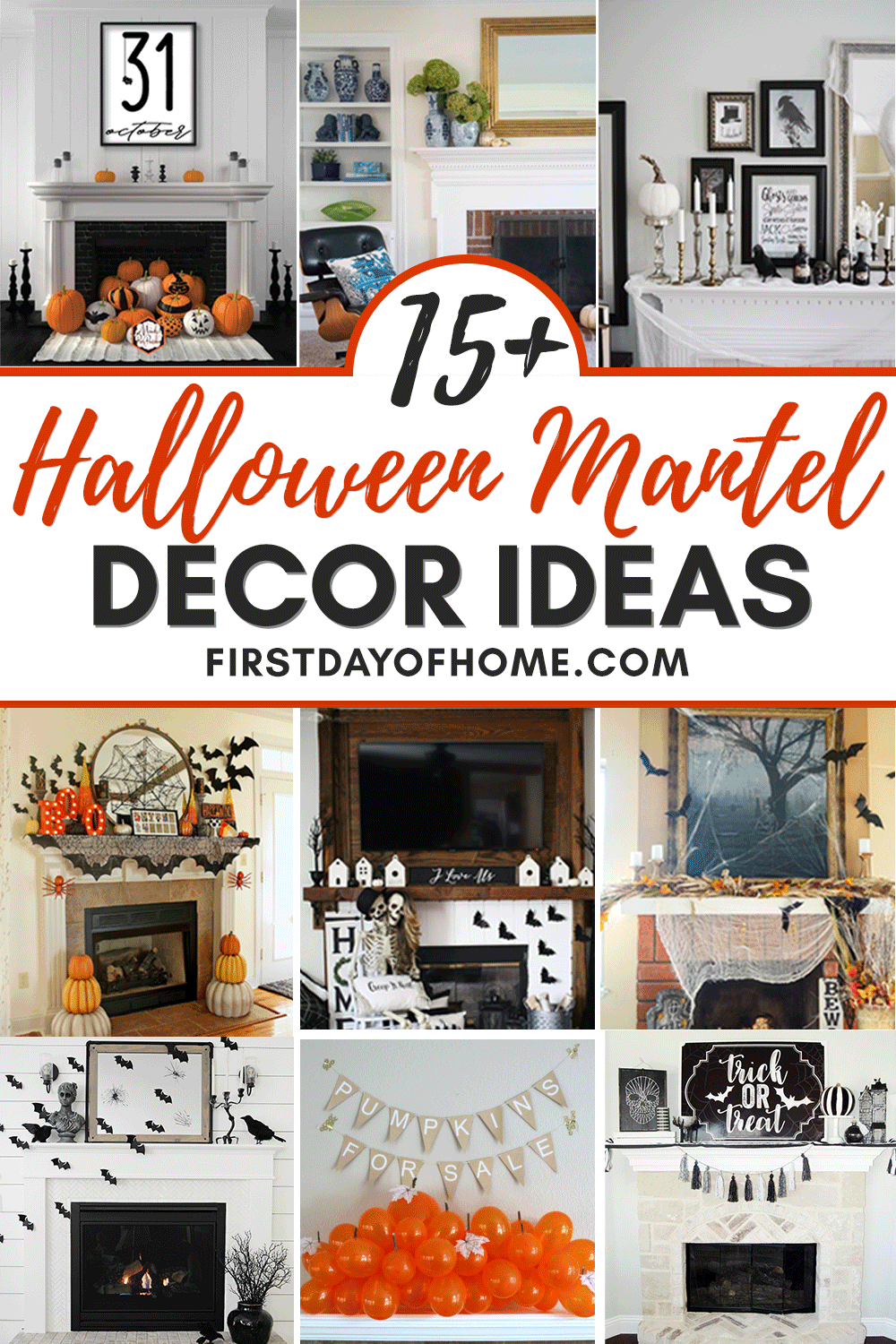 Halloween mantel decorations in various styles, including bats, farmhouse signs, bats and spider webs