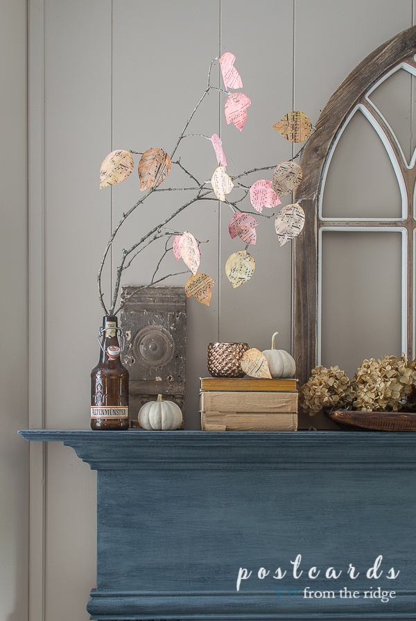 Vintage and natural fall decor, including old books and fall watercolor leaves, from Postcards from the Ridge