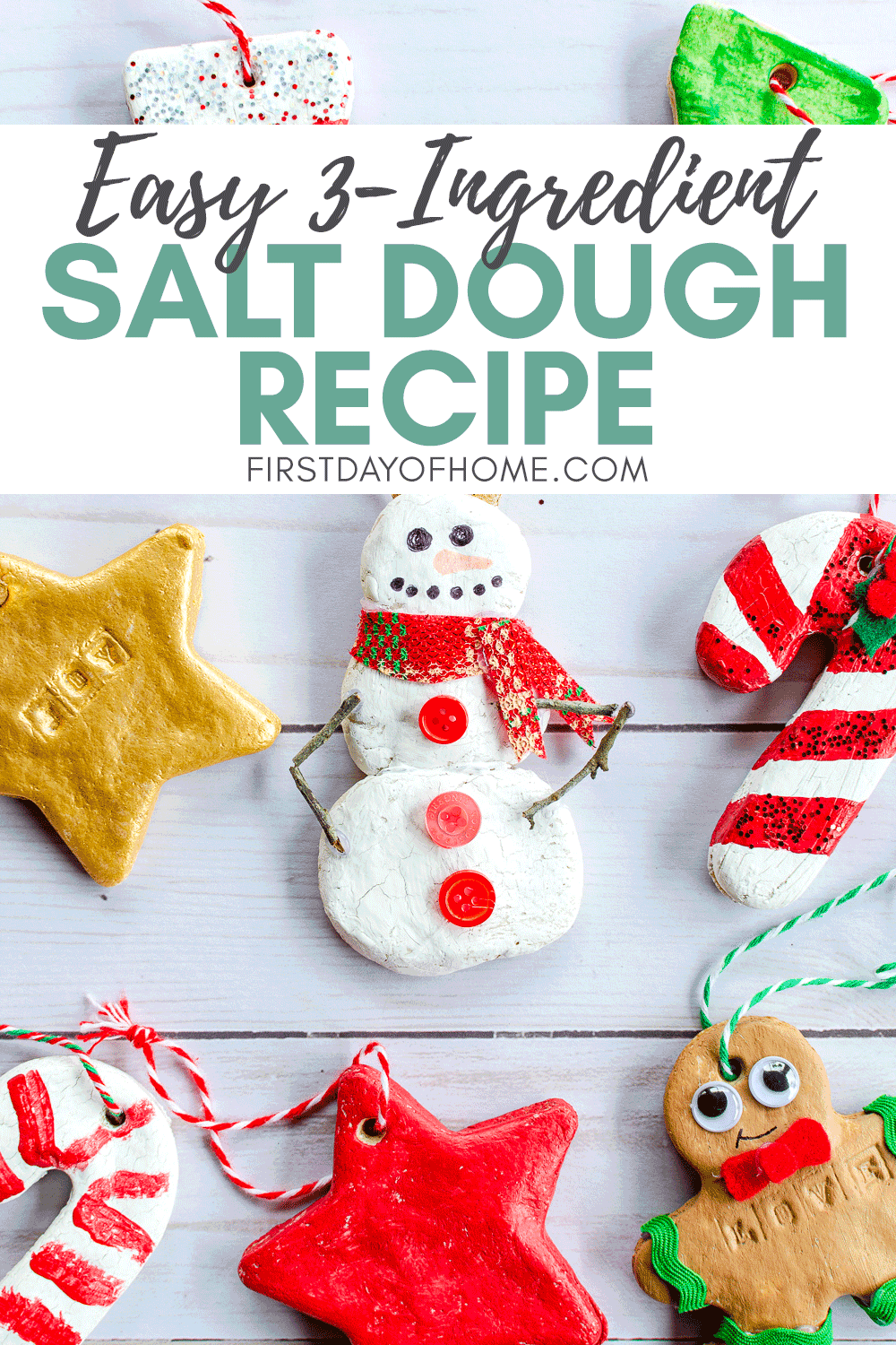 Easy salt dough ornament recipe with 3 ingredients for making DIY Christmas ornaments.