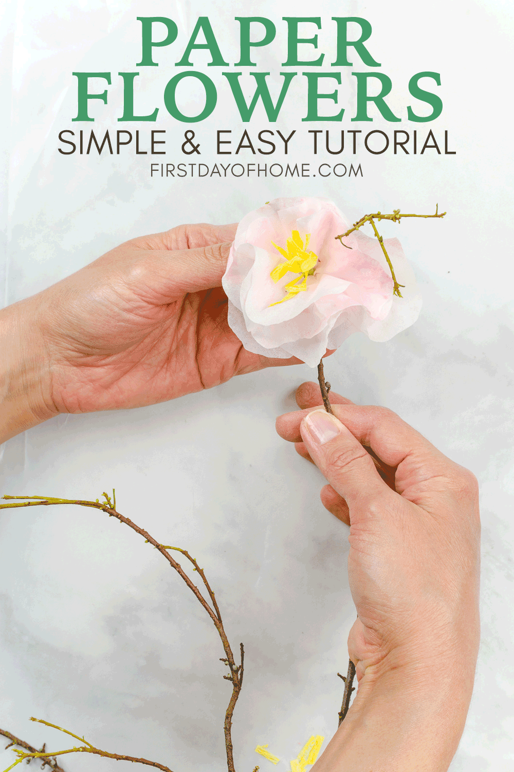 Attaching paper flowers to real stem