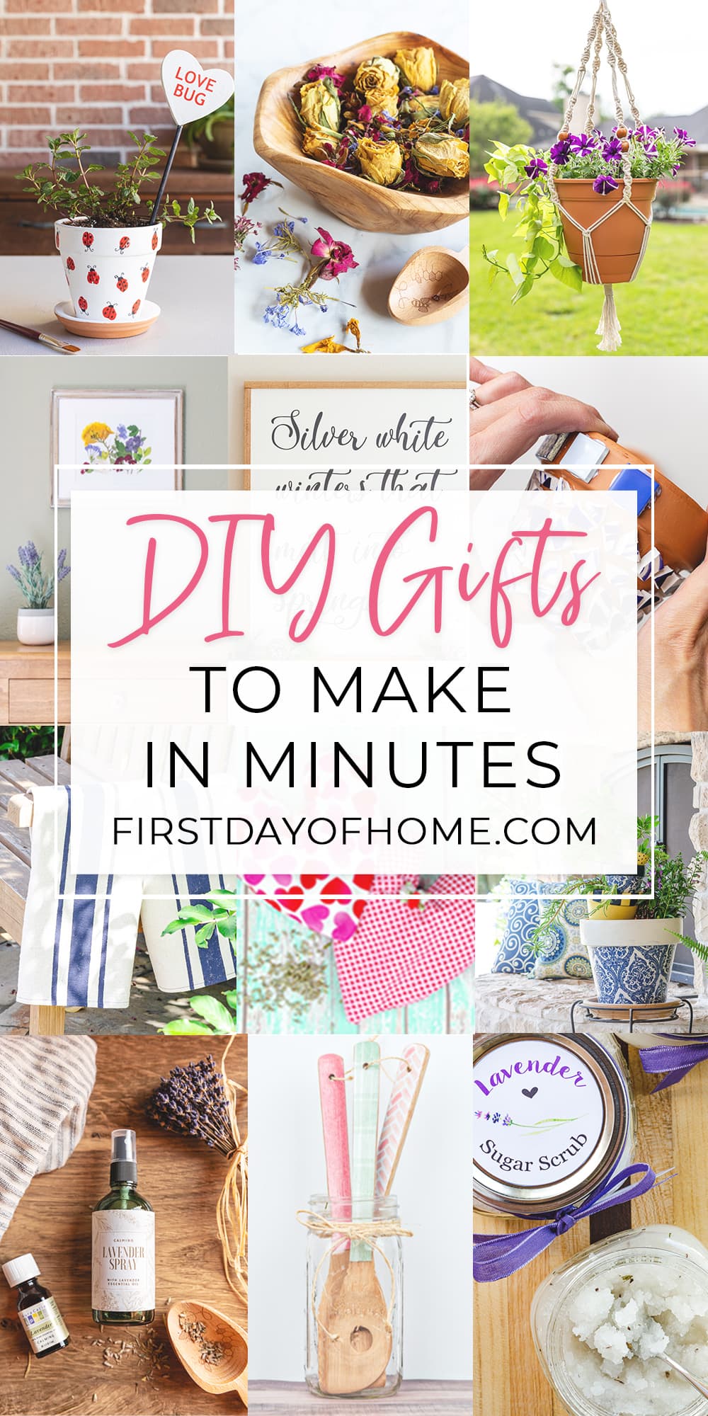 Collage of arts and crafts projects with text overlay reading "DIY Gifts to Make in Minutes".