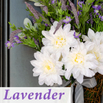 Lavender wreath with dahlias and lamb's ear in rattan basket with farmhouse bow