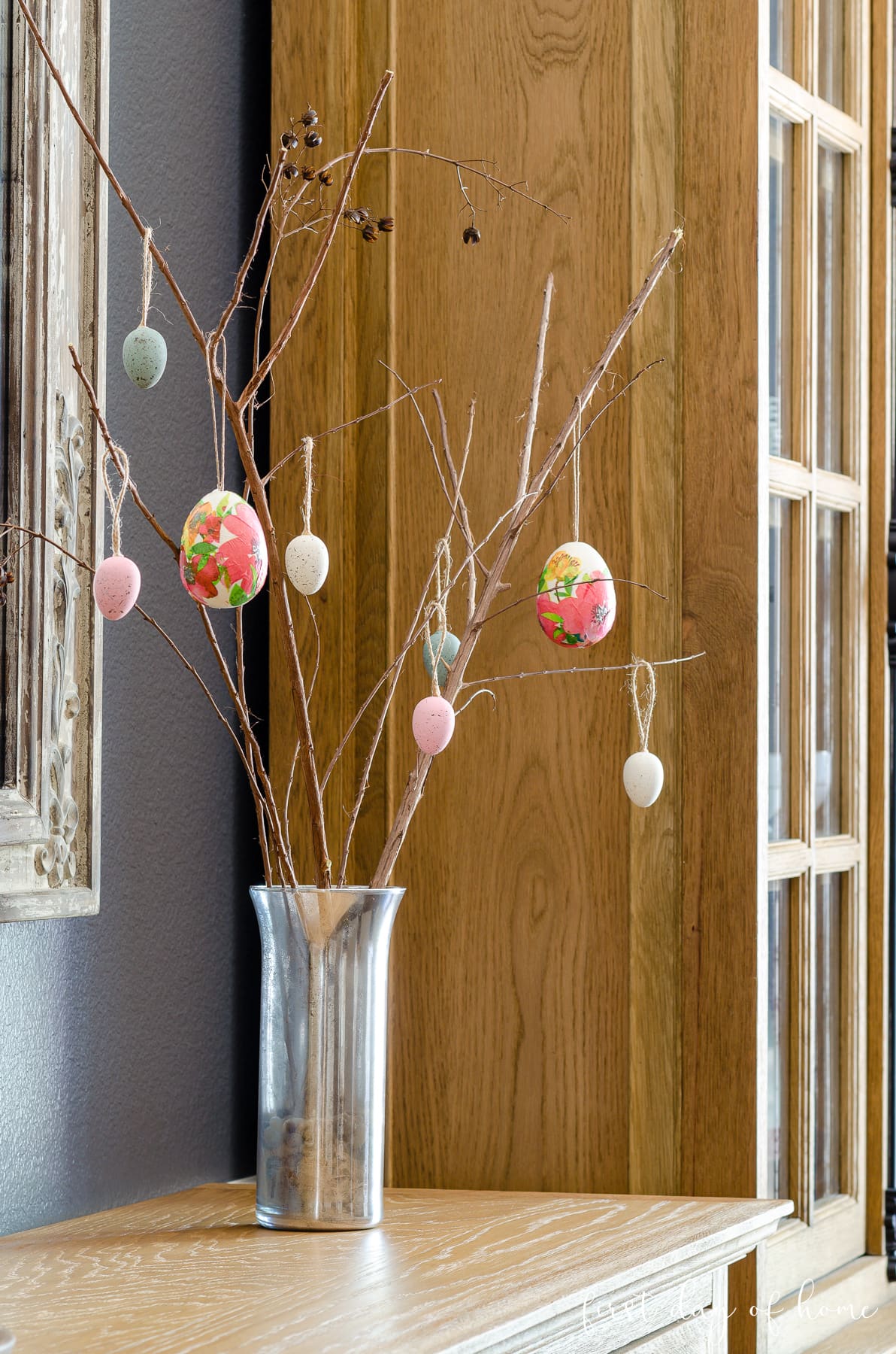 Easter tree with decoupage Easter eggs.
