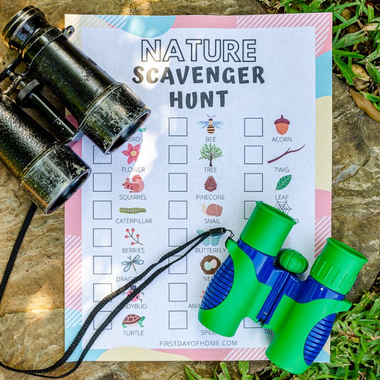 Nature Scavenger Hunt for Kids printable with binoculars on a stone outdoors