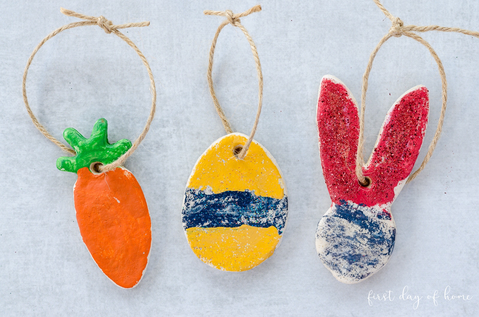 Salt dough carrot, egg and bunny with different types of Mod Podge sealers