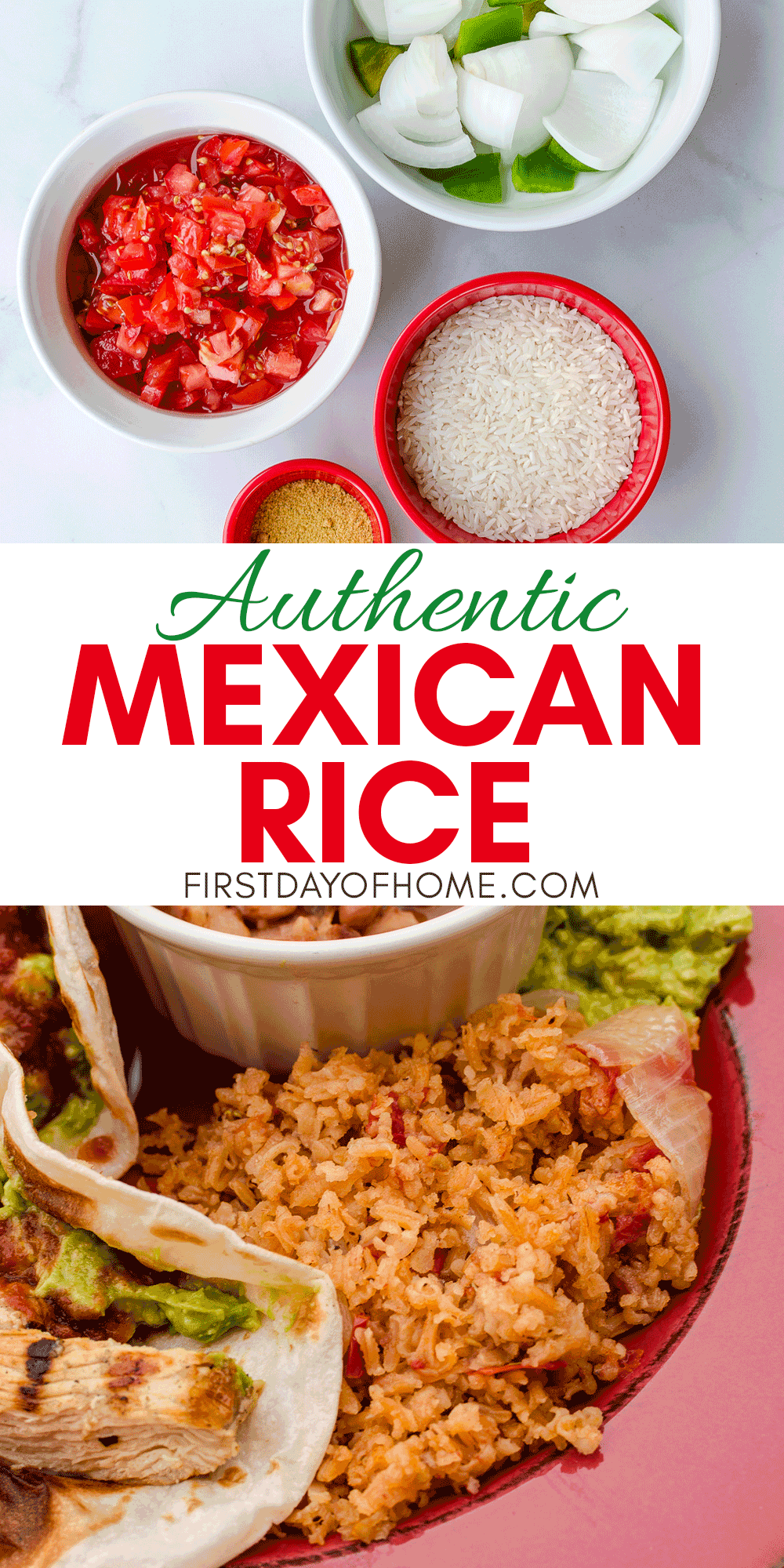 Mexican rice ingredients and finished rice served with chicken fajitas