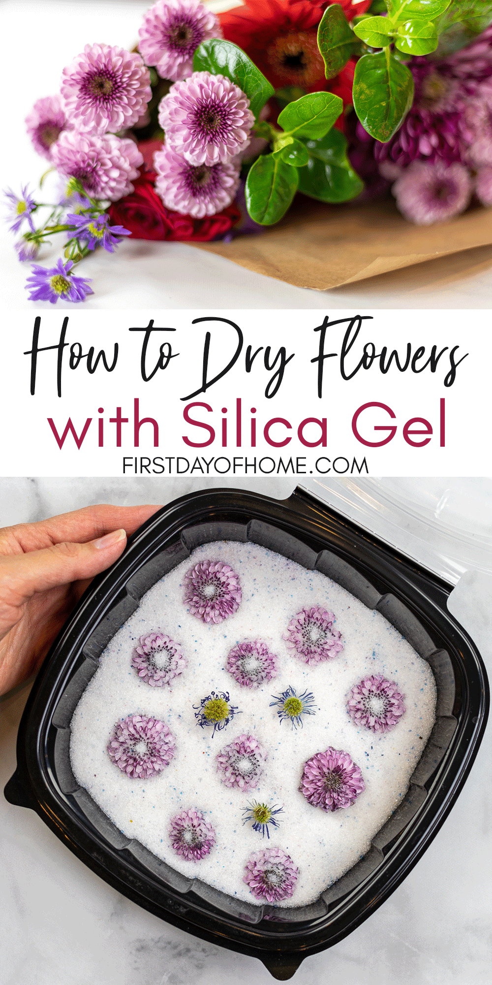Drying flowers with silica gel.