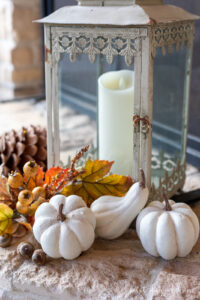 White painted pumpkins by lantern with fall leaves and pinecones