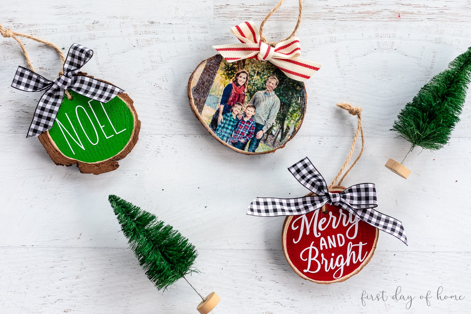 Wooden ornaments painted with vinyl lettering and with photo image transfer