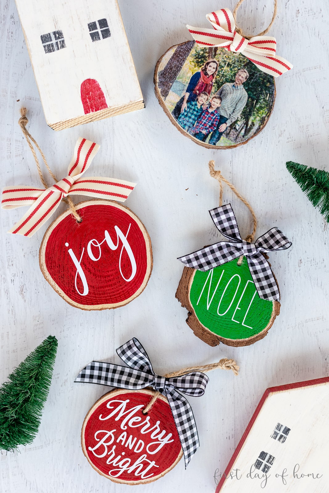 Painted and photo transfer wood slice Cricut Christmas ornaments