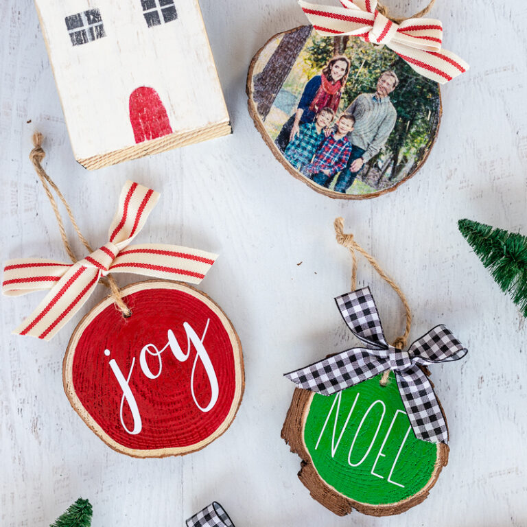 Wood slice ornaments with vinyl lettering and image transfer to wood