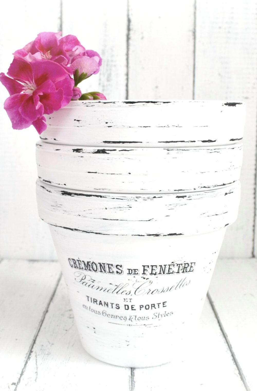 French inspired painted flower pots with French phrase added using waterslide decals