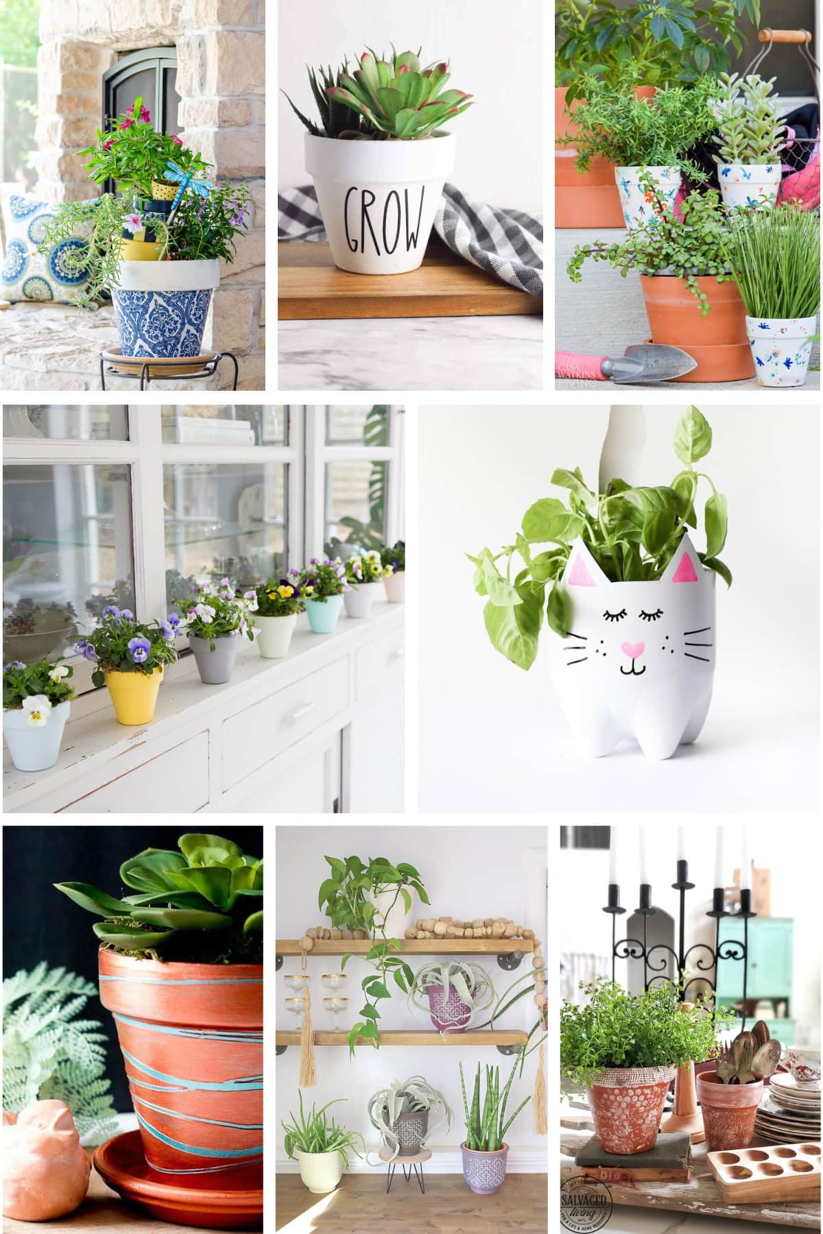 Collage of painted flower pots in different styles, including rustic, drip-painting, and boho-inspired designs.