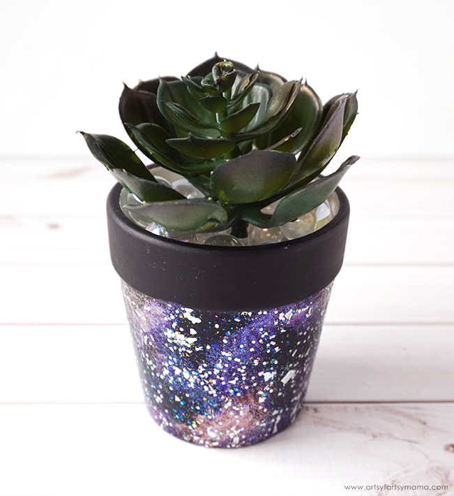 Flower pot painted with iridescent paint to look like galaxy colors, filled with succulent plant 
