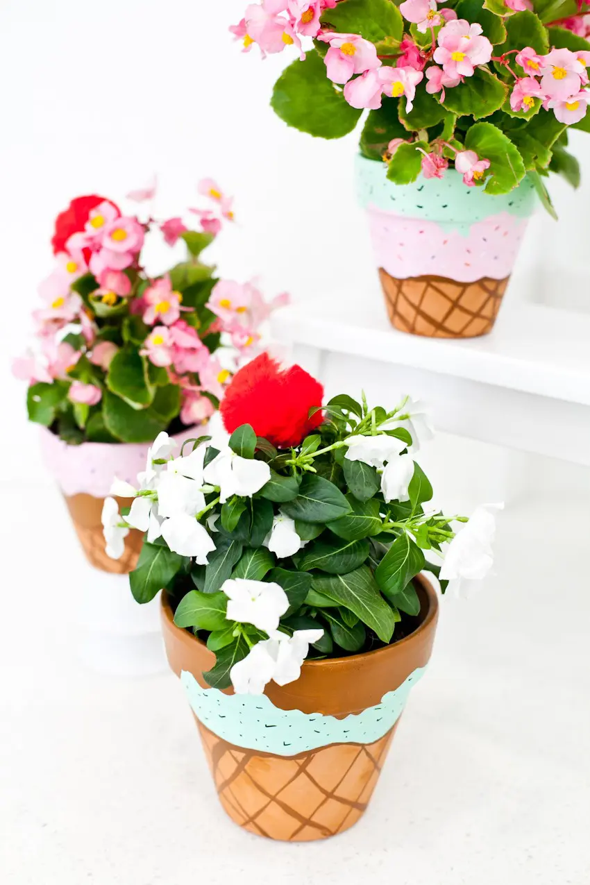 Flower pots painted to look like ice cream cones