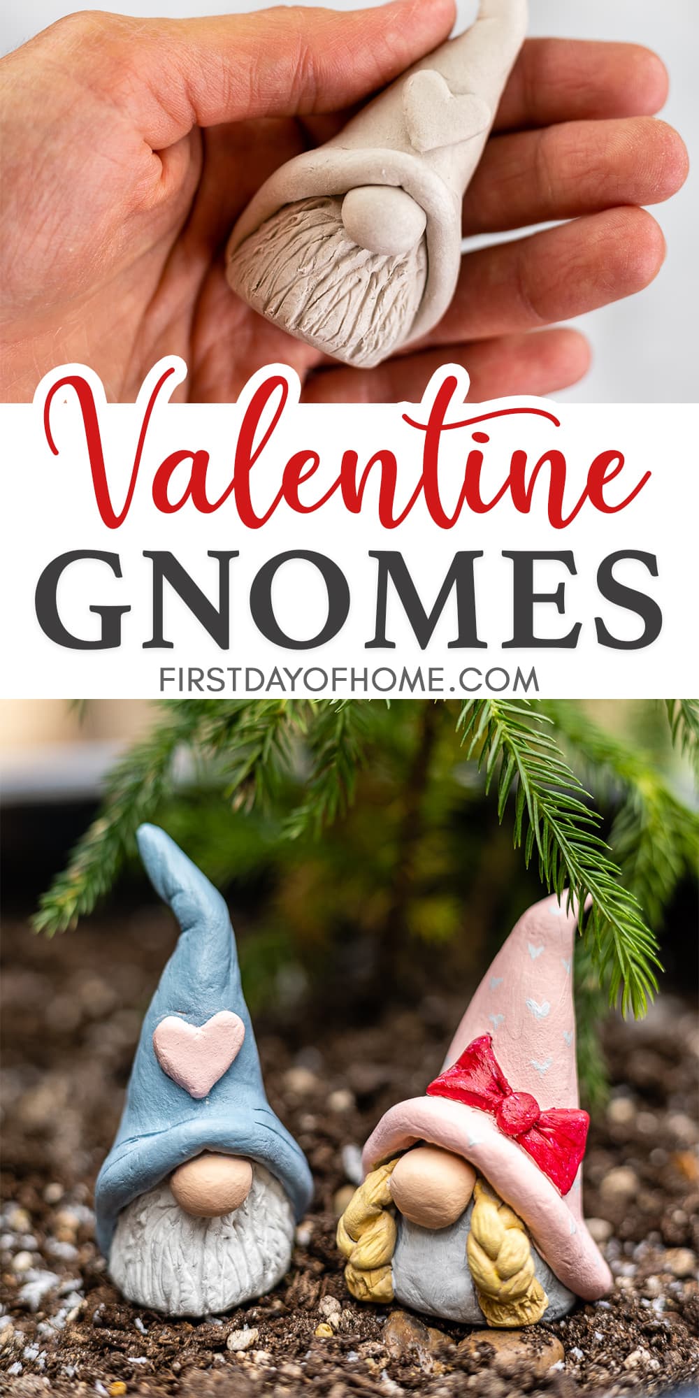 Valentine gnomes made with air dry clay with text overlay reading "Valentine gnomes"
