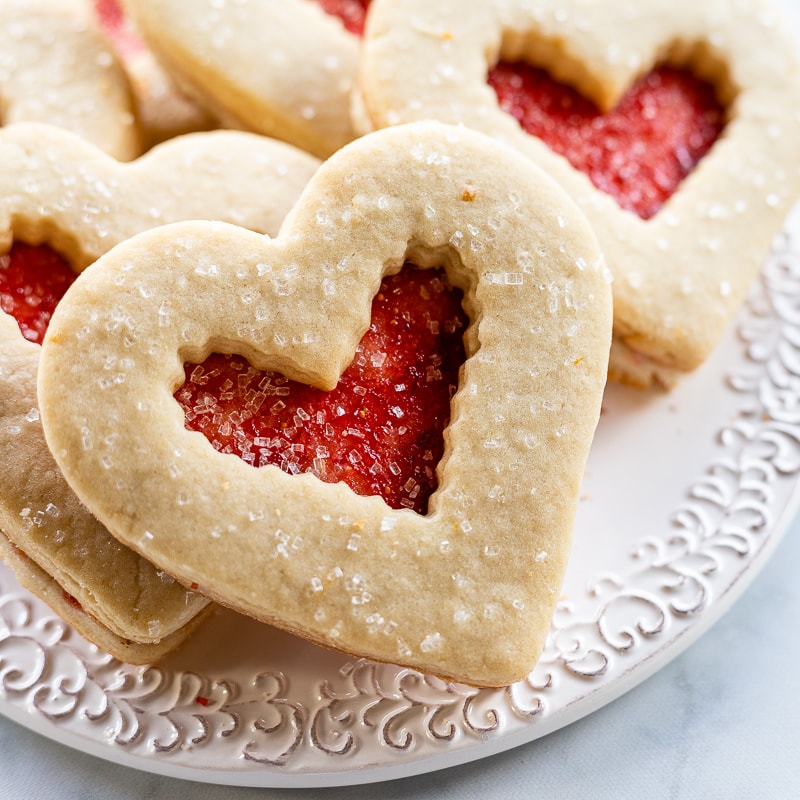 Heart shaped Valentine cookies with red jelly filling
