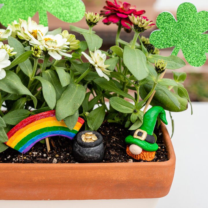 St Patrick's Day gnome and fairy garden display