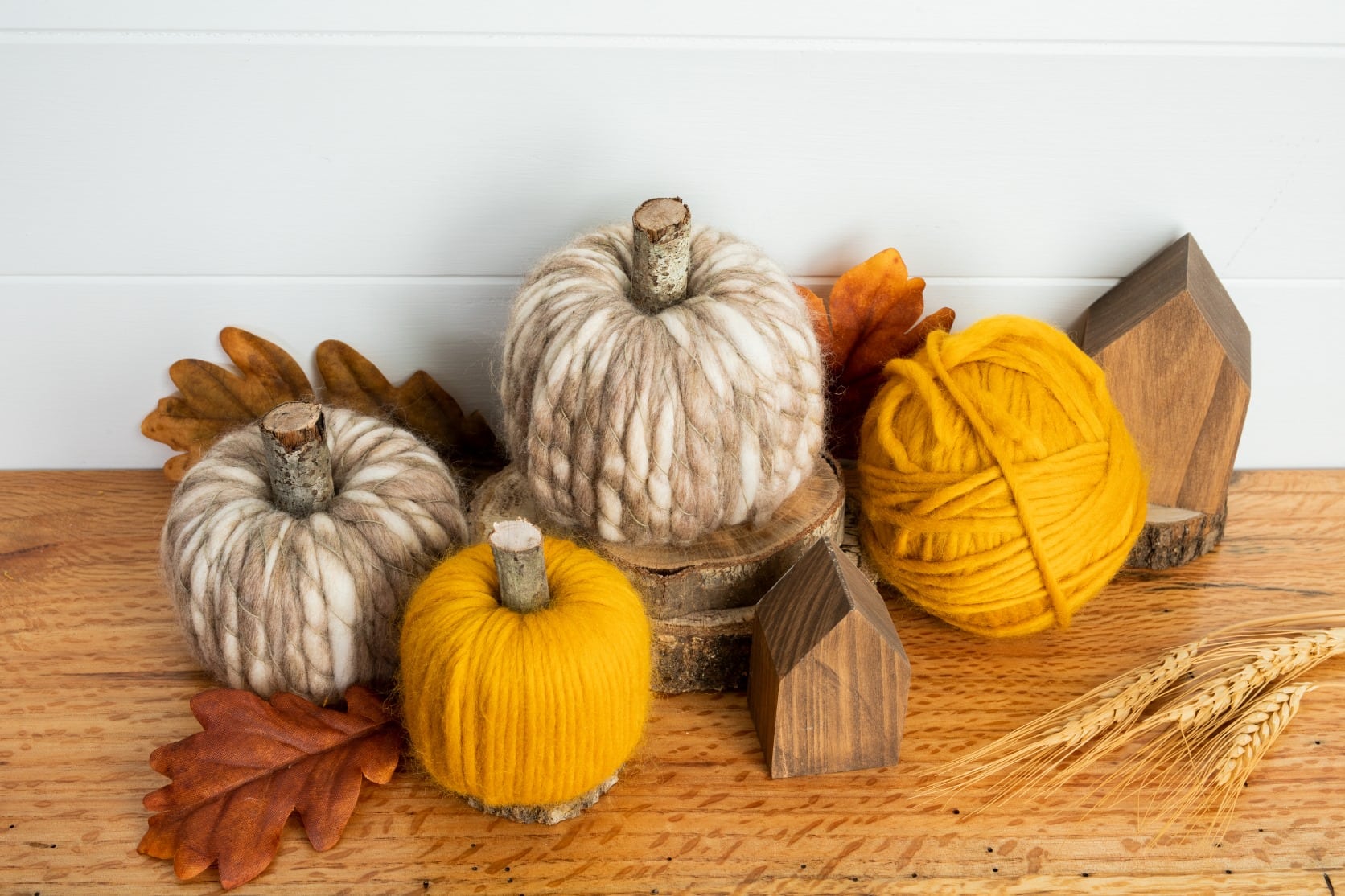 Group of yarn wrapped pumpkins