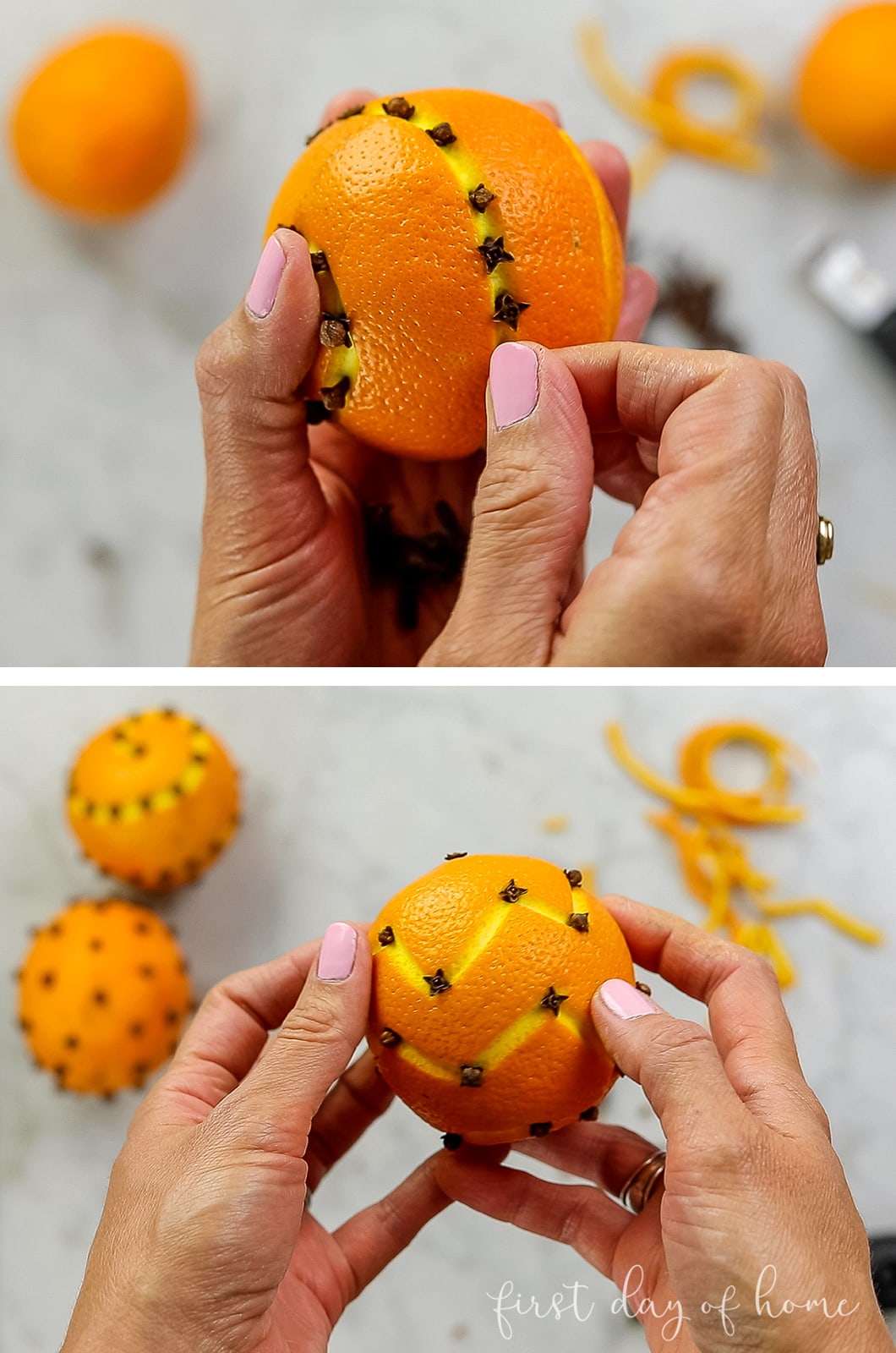 Steps showing how to dry orange pomander balls using cloves