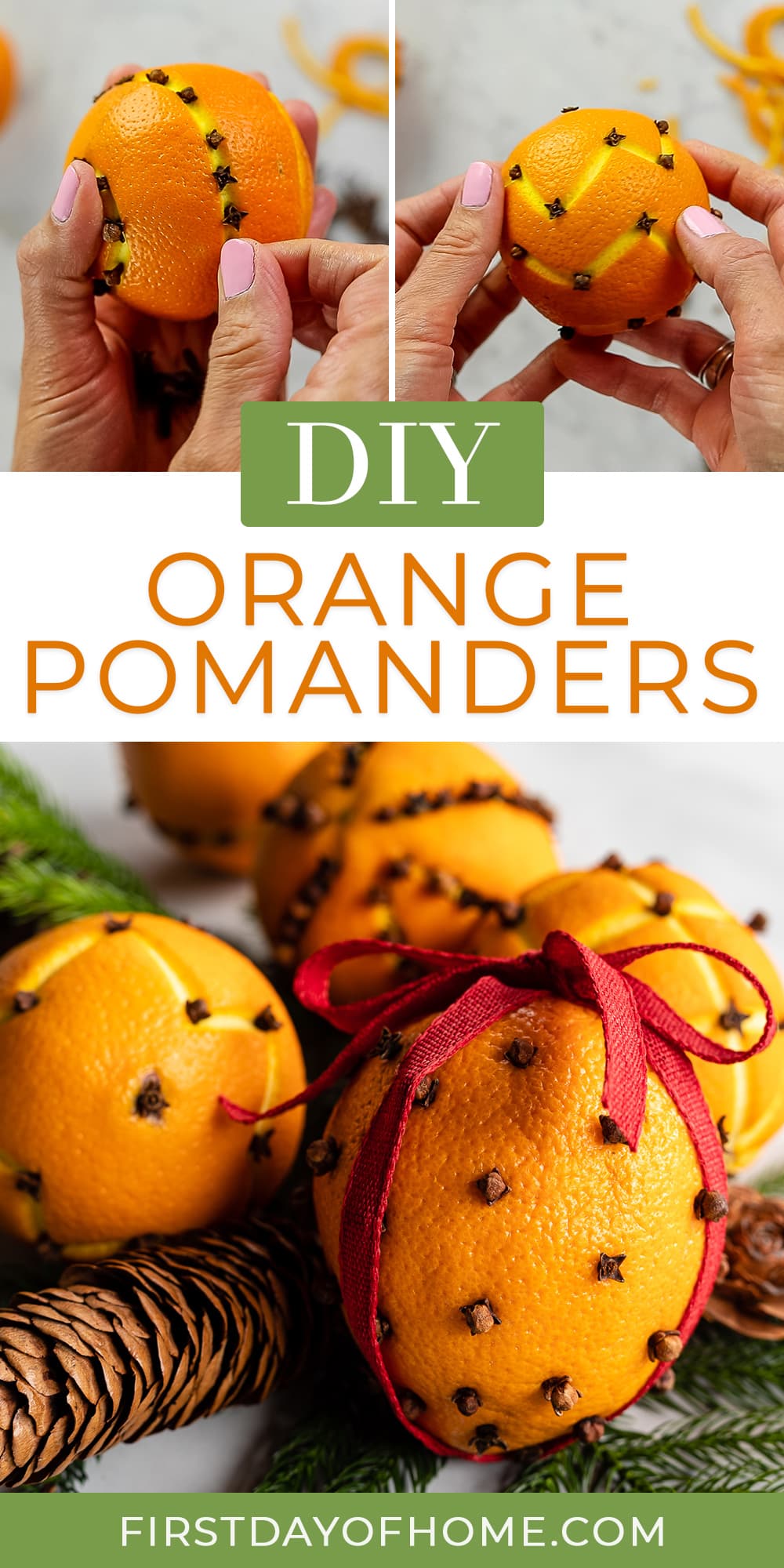 Steps showing how to make orange pomander balls with cloves