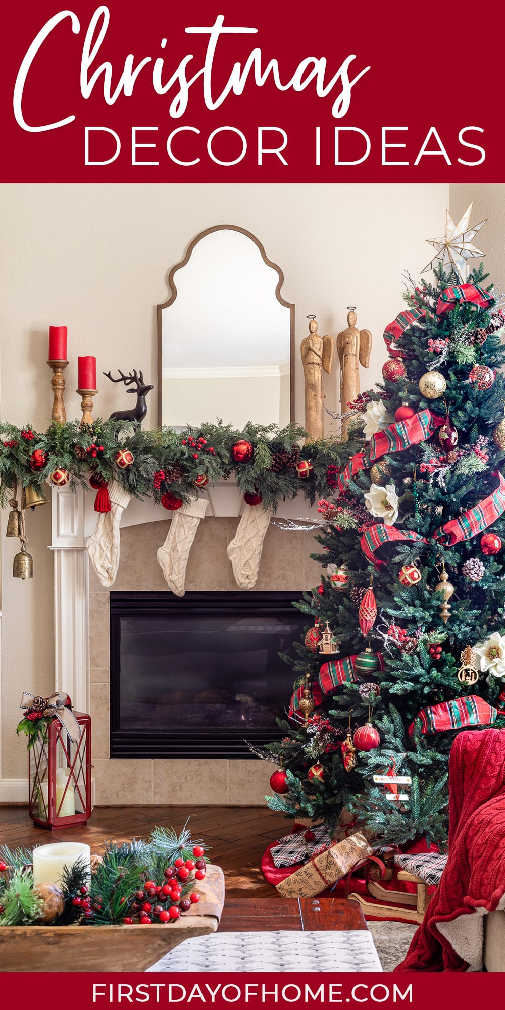 Christmas living room decor showing Christmas tree and mantel decor
