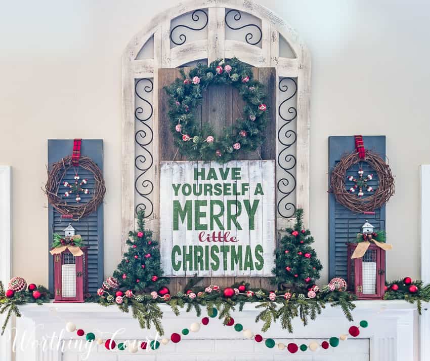 Christmas mantel with DIY wood sign and window pane decor