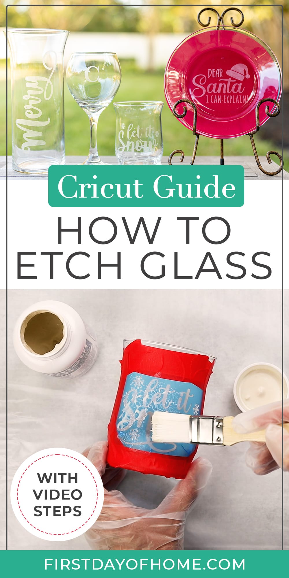 Images of an etched glass plate, wine glass, vase, and candleholder and image showing glass etching process. Text overlay reads "Cricut Guide - How to Etch Glass"
