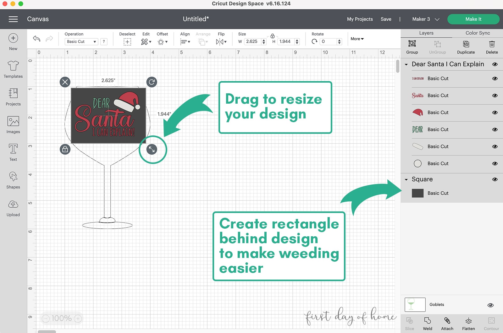 Steps showing how to resize design in Cricut Design Space