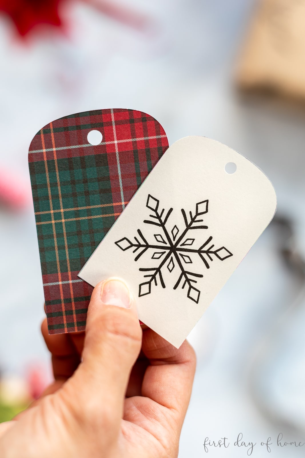 Layered Christmas gift tags with plaid scrapbook paper background and snowflake design