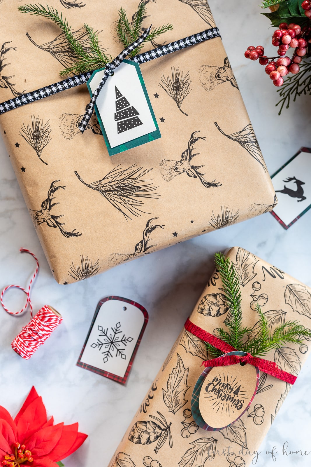 Christmas gifts wrapped with brown paper and free printable Christmas gift tags with rustic woodland theme